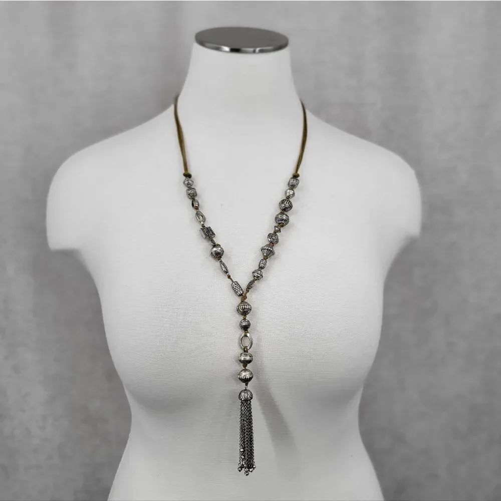 Chico's Silver Toned Beaded Cord Necklace with Tassel